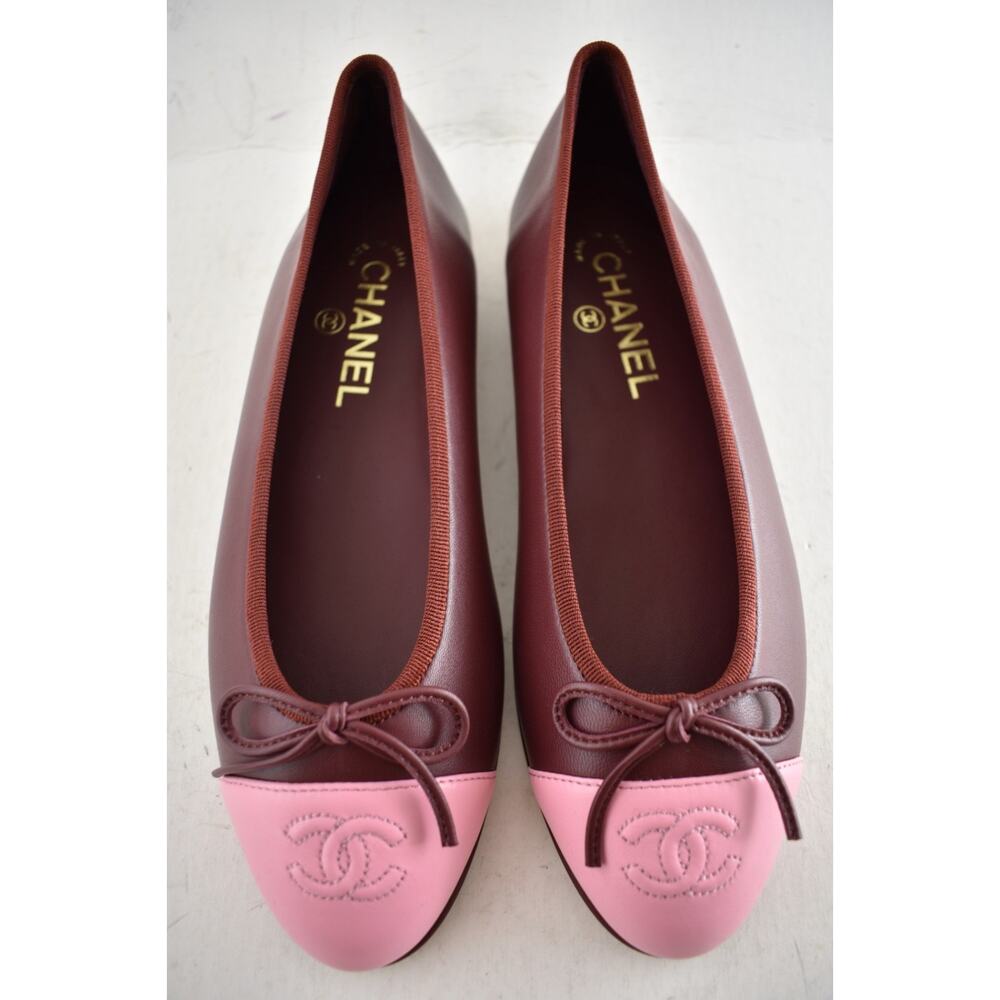 Chanel 26S Burgundy Red Pink Lambskin Leather CC Logo Ballet Ballerina Flat 37.5 - Picture 5 of 16